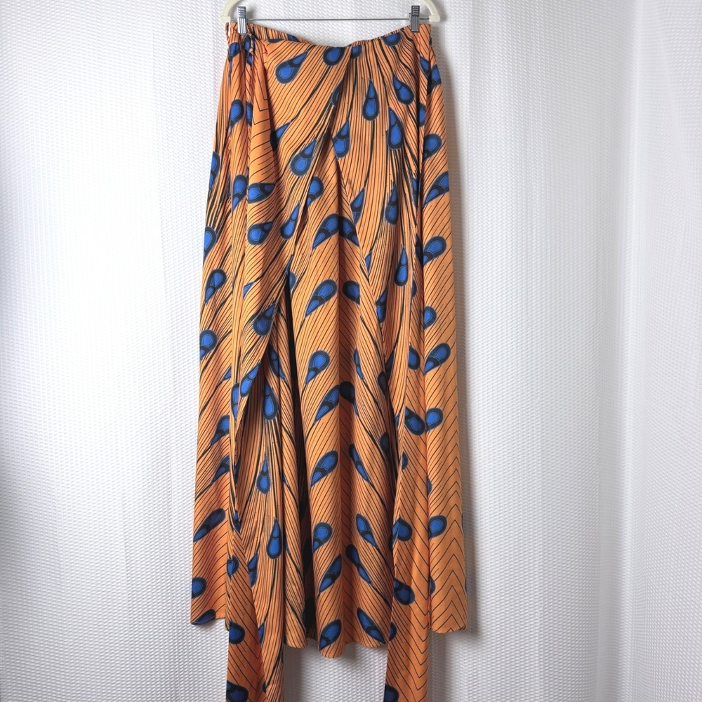 African Peacock Maxi‎ Skirt 2X Orange High Waisted Boho Side Slit Tie Festival